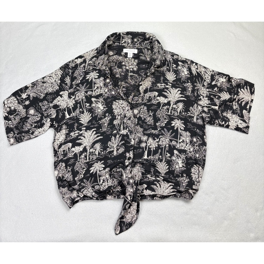 Topshop Tropical Jungle Toile Tie Front Shirt Black US 6 Modal - Picture 3 of 9